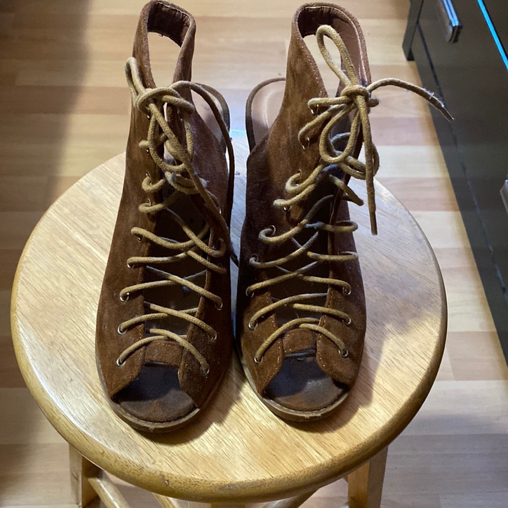 Laced open toe booties